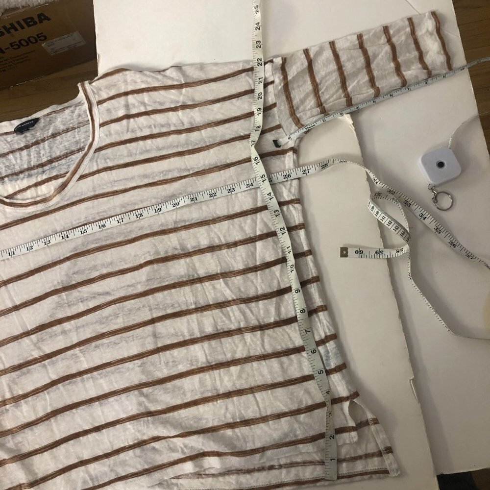 CLUB‎ MONACO 100% Linen Cream Brown Stripe 3/4 Sleeve Oversize Shirt Sz M/L - Picture 13 of 13